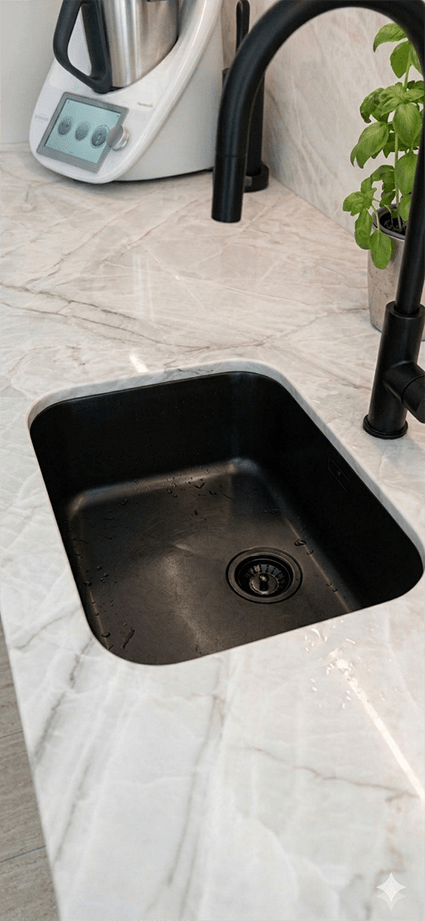 Küchenblock Calacatta Marmor Detailansicht Arbeitsplatte