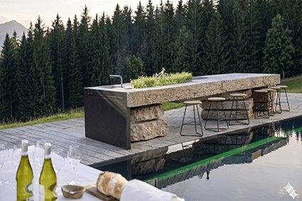 Projekt 226 Naturstein Block Outdoorküche gestapelte Platten Stoi Allgäu