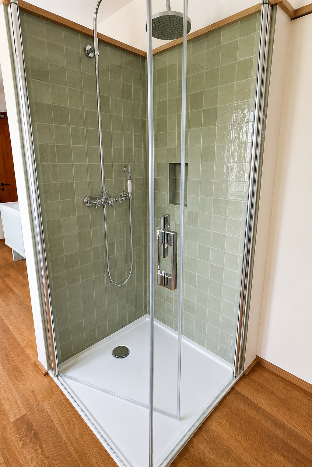 Altbau Sanierung Kempten Bad Dusche grüne Fliesen Naturstein STOI Steinmetzwerkstatt