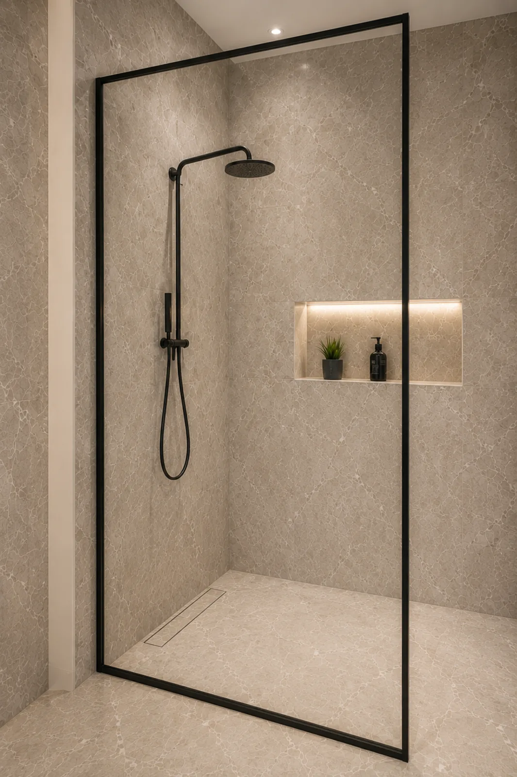 Begehbare Dusche mit großformatiger Natursteinwand