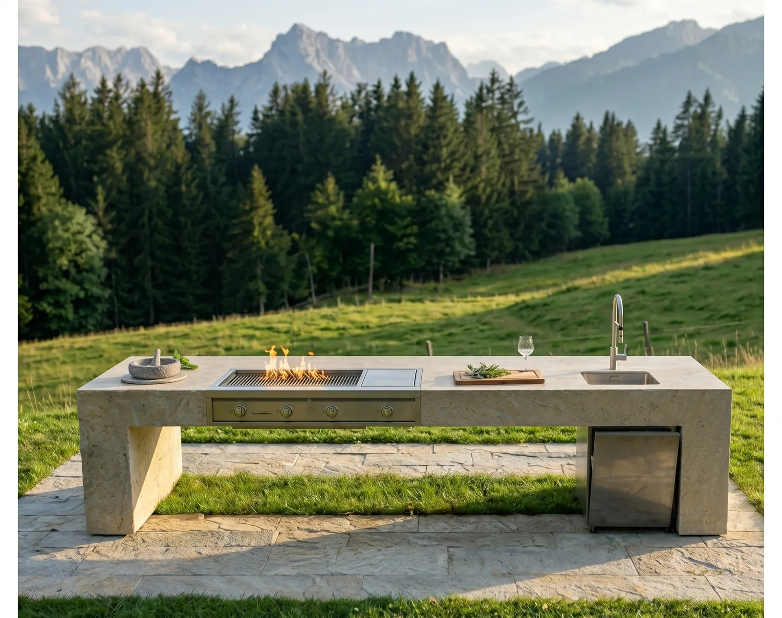 Komplette Outdoor Küche aus Wachenzeller Dolomit vor Bergpanorama – STOI Steinmetzwerkstatt