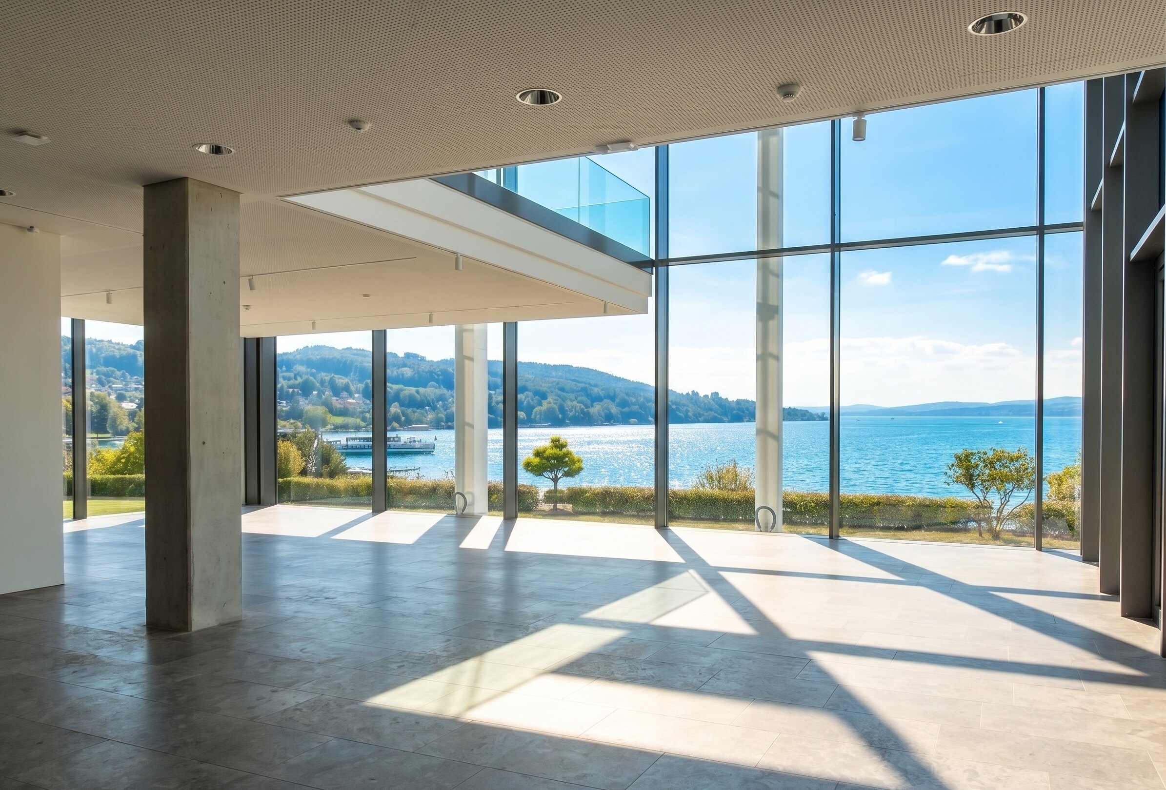 Wohnhaus am Bodensee — Natursteinboden Großformat mit Bodenseeblick — STOI Steinmetzwerkstatt