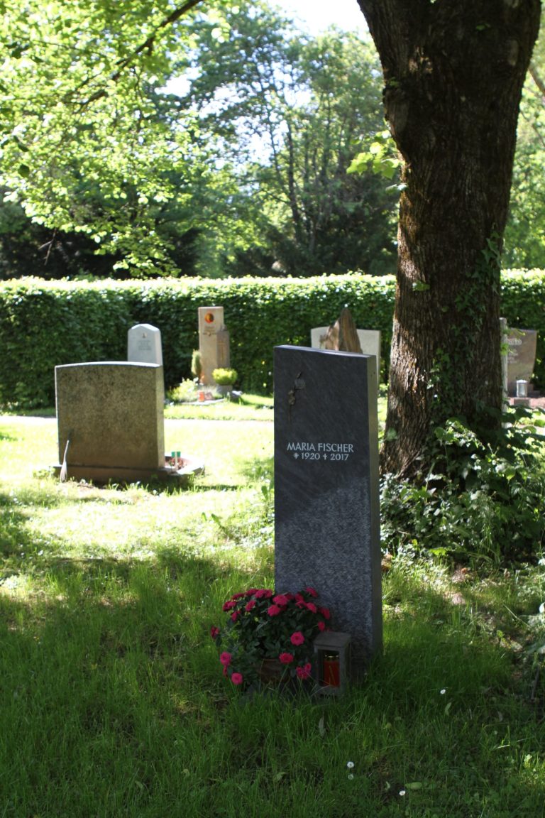 Schlanker Grabstein aus dunkelgrauem poliertem Granit mit bronzefarbenem Rosenzweig-Motiv