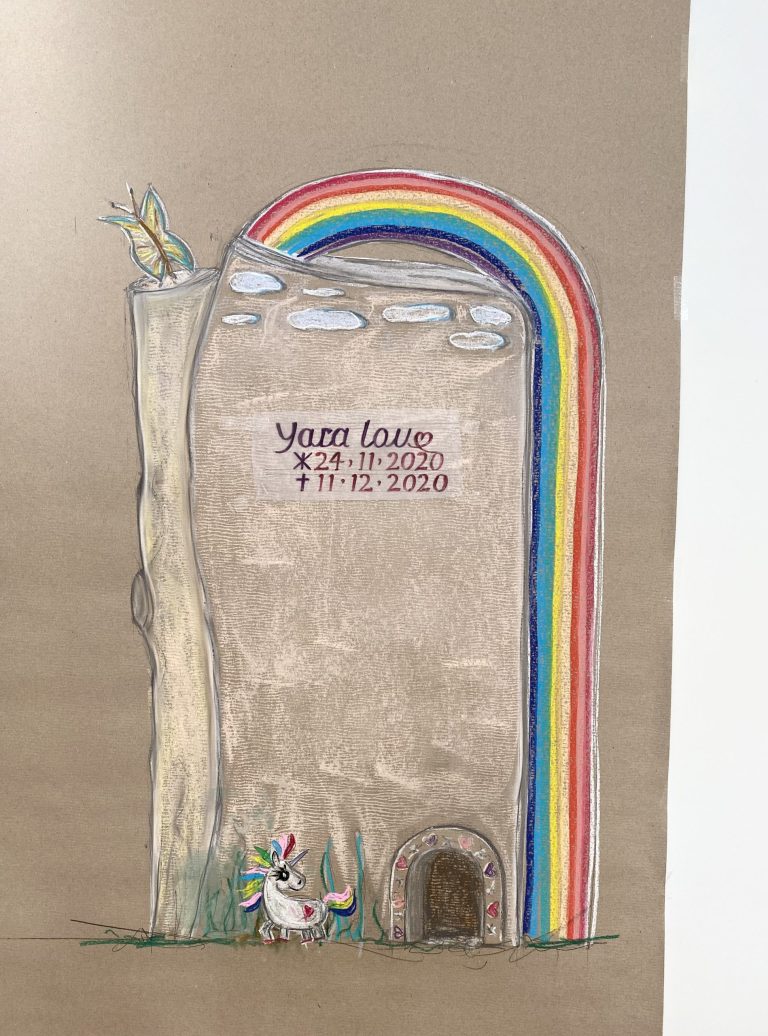 K 004 | Entwurf Planung Kindergrabstein Kindergrabmal Regenbogen, Pferd, Schmetterling, Maus, Himmel, Sonne, Herz Motive - Geschmacksmuster geschützt! | Steinmetzwerkstatt Schlienz Kempten Allgäu