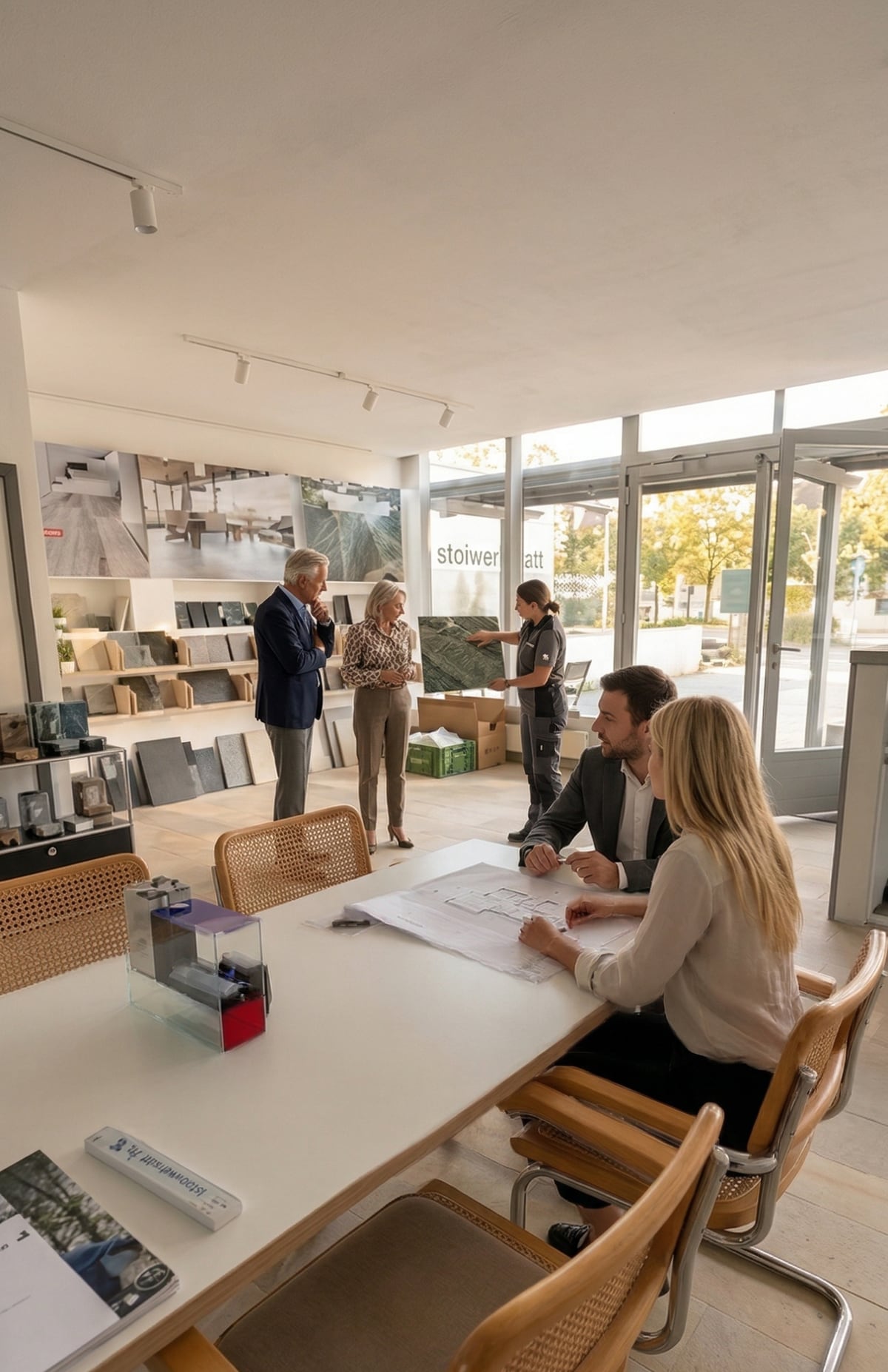 Beratungsgespräch am Planungstisch in der Natursteinausstellung der STOI Steinmetzwerkstatt