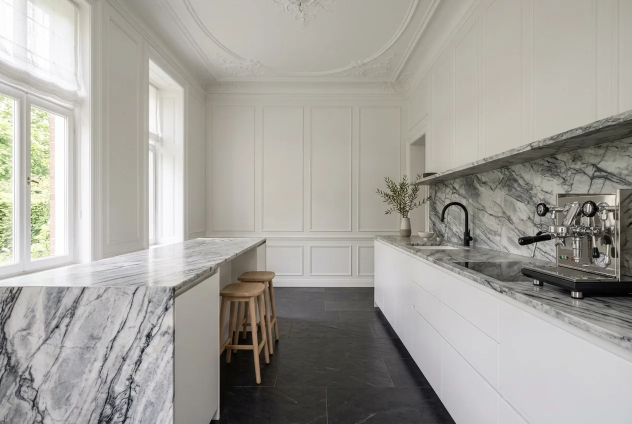 Weiße Küchenzeile mit grau-weißer Marmorplatte im Altbau