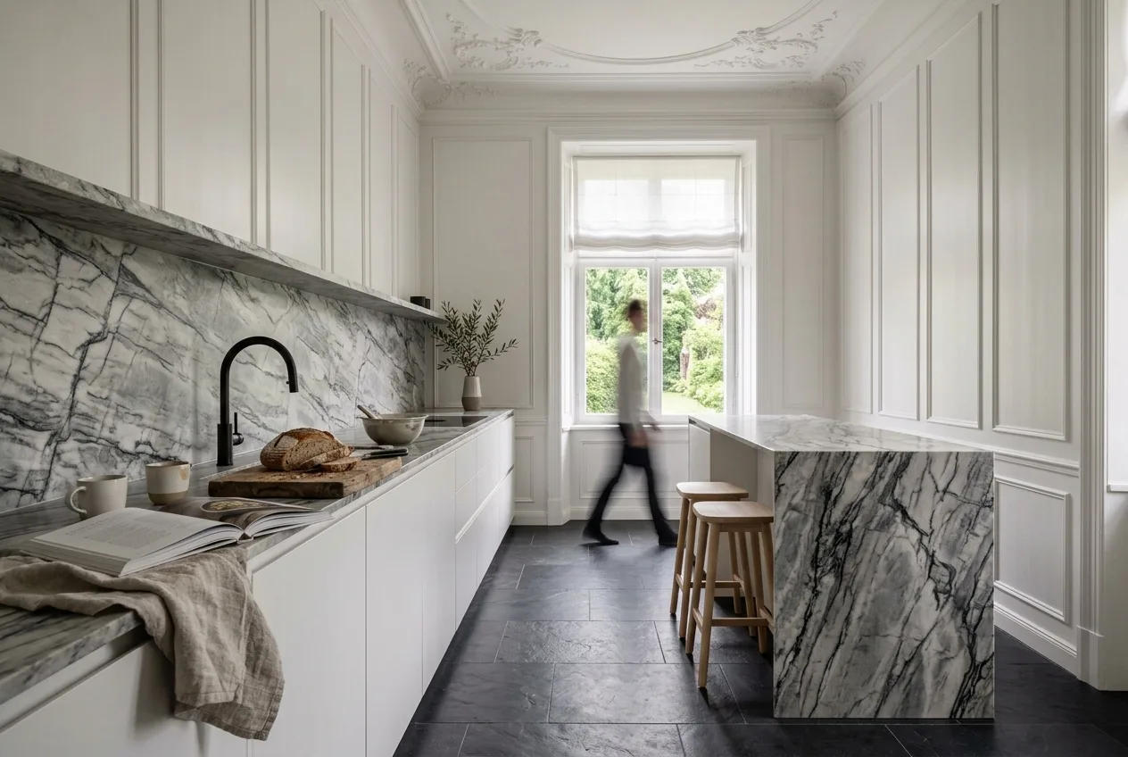 Altbauküche mit grau-weißem Marmor und dunklem Schieferboden