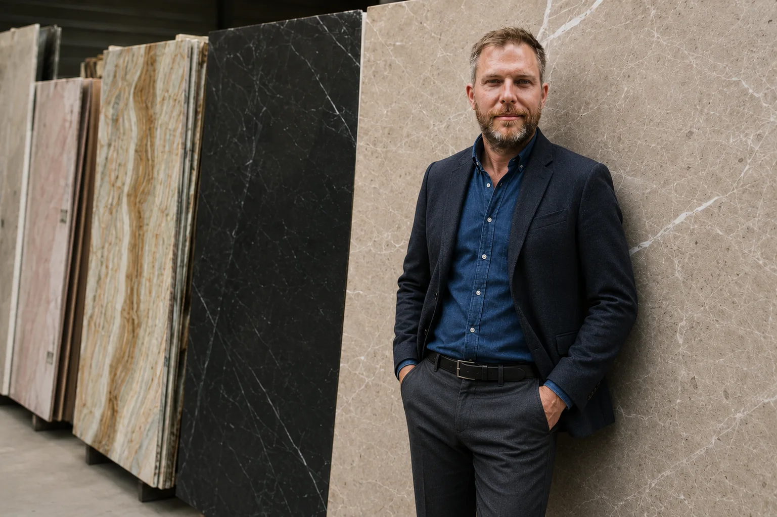 Daniel Probst-Bosch, Steinmetzmeister, im Steinlager vor aufgestellten Natursteinplatten