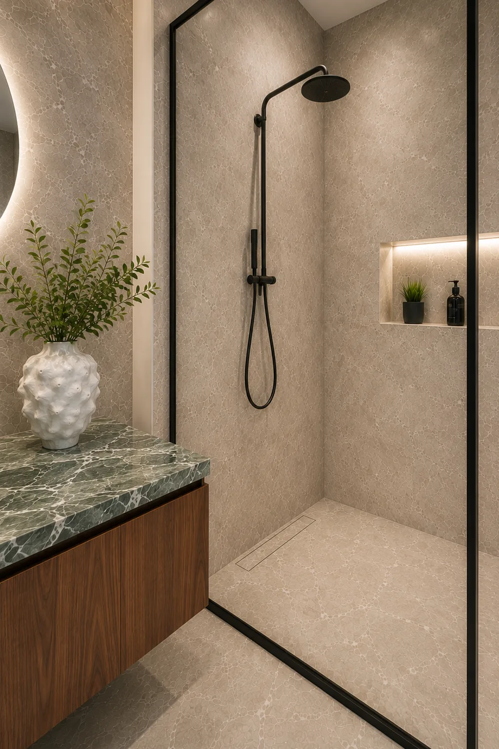 Dusche mit grünem Marmor und gemauerter Ablagenische