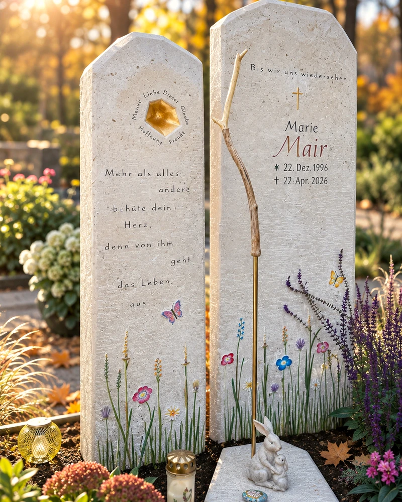 Doppelgrabmal aus hellem Naturstein mit goldenem Stab und farbigem Blumenrelief