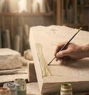 Motiv und Farbe werden von Hand auf den Grabstein gebracht