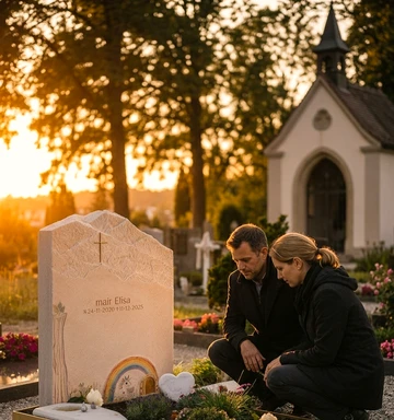 Ein Paar an einem fertig gestalteten Grabmal im Abendlicht