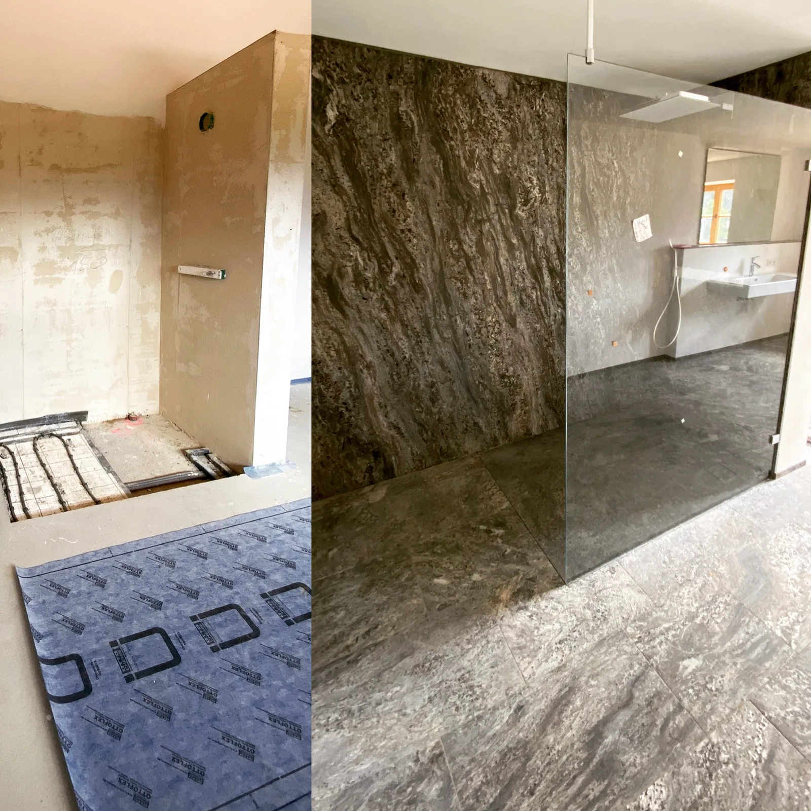 Badezimmer während der Renovierung, Abdichtung vor dem Verlegen