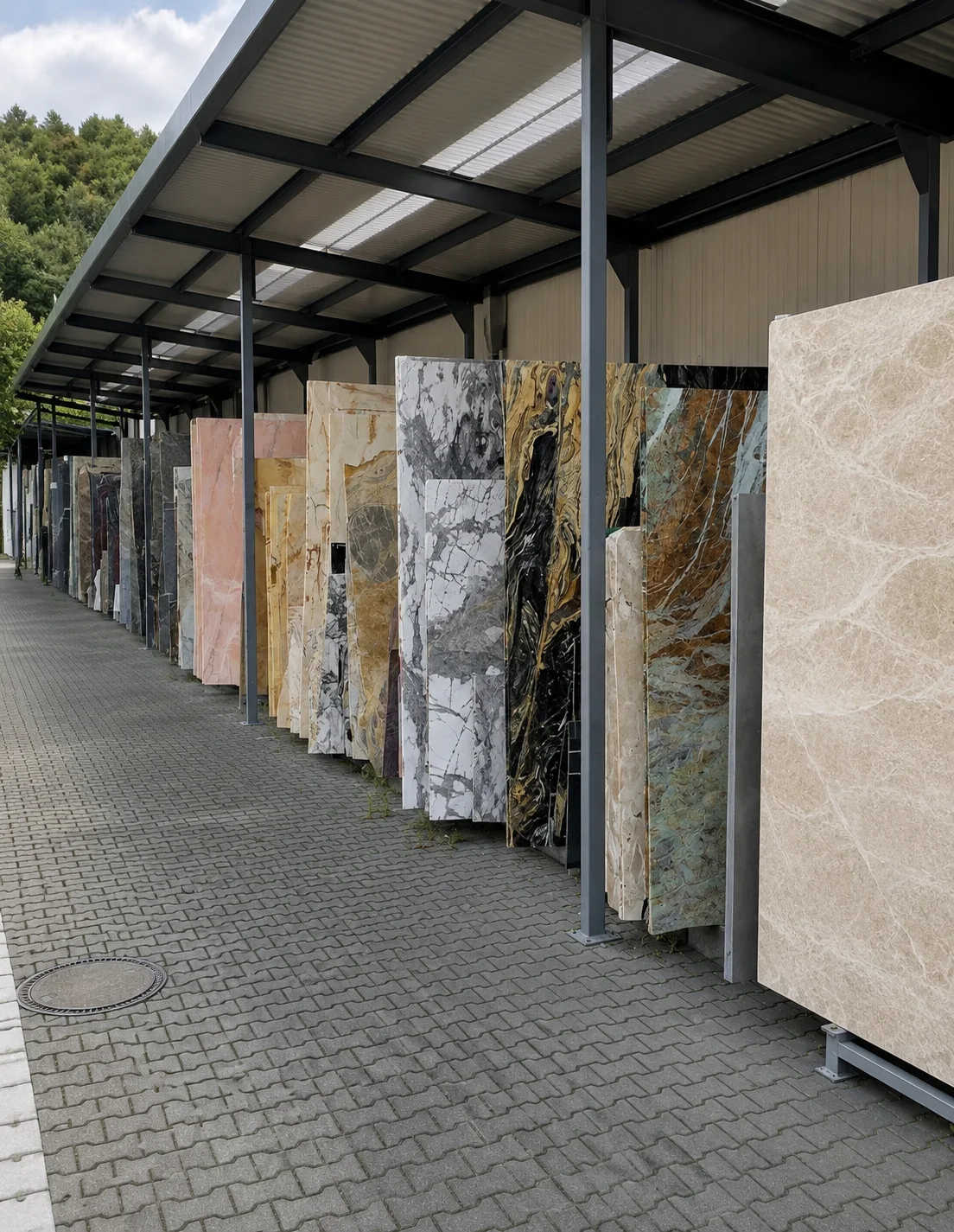 Plattenlager von STOI mit aufgestellten Natursteinplatten