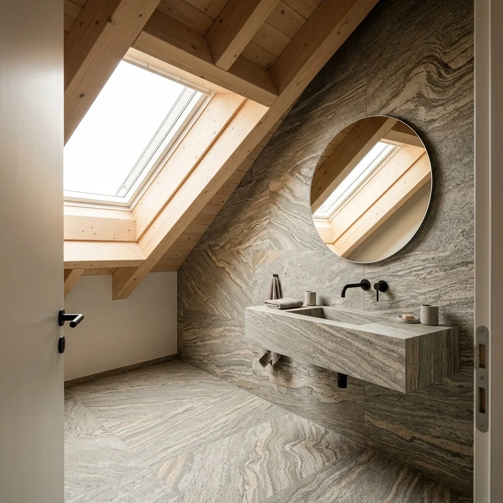 Visualisierung: Dachbad mit Wand und Waschtisch aus Gneis